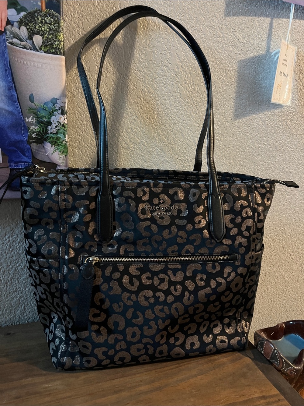 kate spade Black and Metallic Gold Leopard-Print Tote